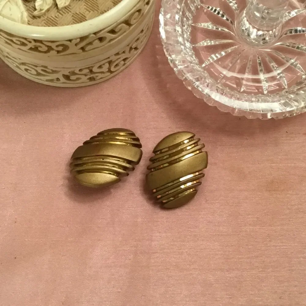 Goldtone With Stripe Clip Earrings